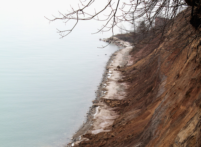 Coastline image water dirt and bluff on the right hand side
