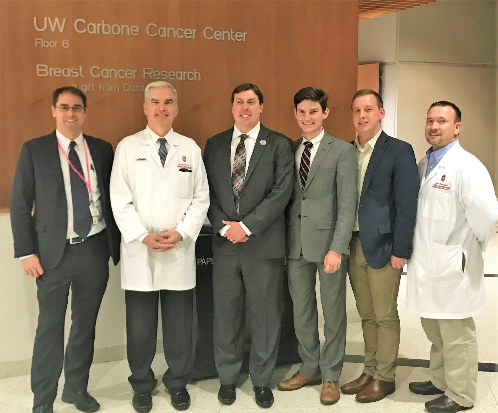 State Representative Mark Born (R-Beaver Dam) and legislative staff, middle, observed a meeting of the Carbone Cancer Center Precision Medicine Molecular Tumor Board and participated in a tour led by Director Dr. Howard Bailey.