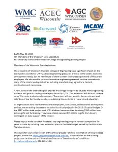 A letter from a Wisconsin coalition advocating for a new UW-Madison College of Engineering building.