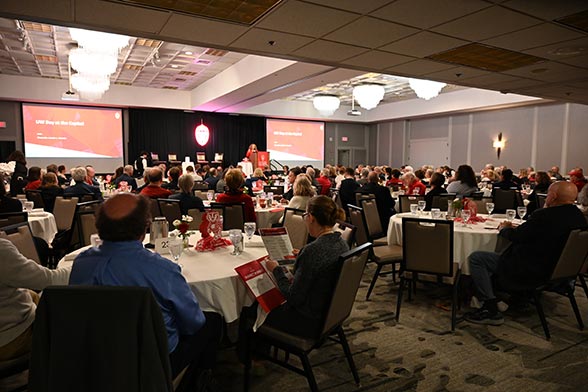 Pictured at the Concourse Hotel on Wednesday, April 30, 2025, UW–Madison Chancellor Jennifer L. Mnookin presents the university's priorities for UW Day at the Capitol to hundreds of UW–Madison alumni as well as campus and WAA leaders. (Photo: Jason Gohlke / UW–Madison)