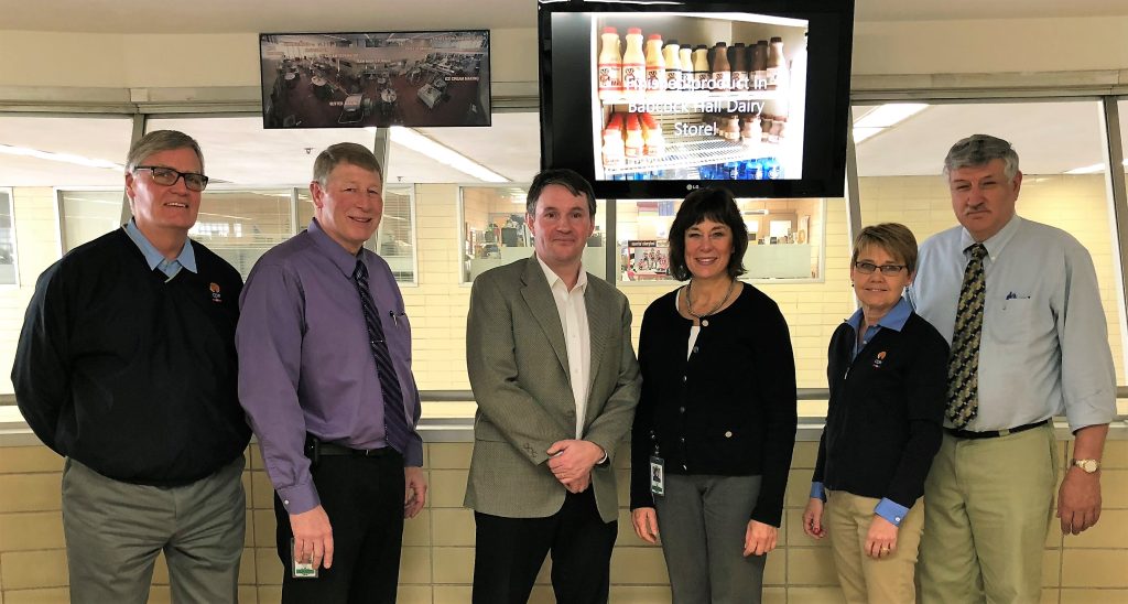 Department of Agriculture, Trade, & Consumer Protection (DATCP) Secretary Sheila Harsdorf and Assistant Deputy Secretary Keith Ripp, middle, joined College of Agricultural & Life Sciences and Center for Dairy Research leadership on a tour of Babcock Hall.